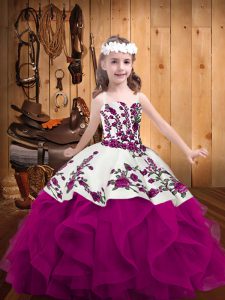 Straps Sleeveless Little Girl Pageant Dress Floor Length Embroidery and Ruffles Fuchsia Organza