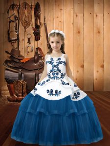Blue Lace Up Kids Pageant Dress Embroidery Sleeveless Floor Length