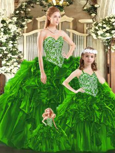 Glittering Organza Sleeveless Floor Length 15th Birthday Dress and Beading and Ruffles