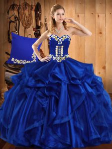 Royal Blue Ball Gowns Organza Sweetheart Sleeveless Embroidery and Ruffles Floor Length Lace Up 15th Birthday Dress