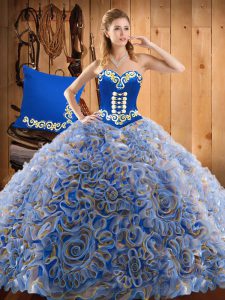 High End Satin and Fabric With Rolling Flowers Sweetheart Sleeveless Sweep Train Lace Up Embroidery 15th Birthday Dress in Multi-color