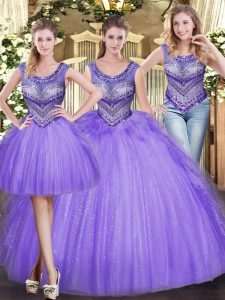 Glorious Scoop Sleeveless Tulle Quinceanera Gowns Beading and Ruffles Lace Up