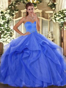 Exquisite Blue Tulle Lace Up Sweet 16 Dresses Sleeveless Floor Length Beading and Ruffles