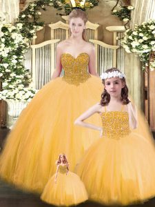 Enchanting Gold Tulle Lace Up Quinceanera Gown Sleeveless Floor Length Beading