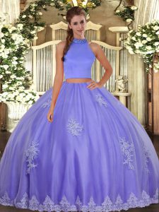 Low Price Lavender Tulle Backless Quince Ball Gowns Sleeveless Floor Length Beading and Appliques