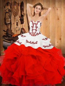 White And Red Sweet 16 Dresses Military Ball and Sweet 16 and Quinceanera with Embroidery and Ruffles Strapless Sleeveless Lace Up