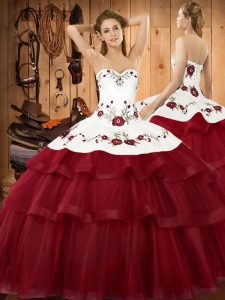 Unique Organza Sweetheart Sleeveless Sweep Train Lace Up Embroidery and Ruffled Layers Vestidos de Quinceanera in Wine Red