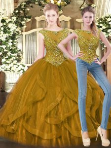 Admirable Brown Ball Gowns Tulle Scoop Sleeveless Beading and Ruffles Floor Length Zipper Ball Gown Prom Dress