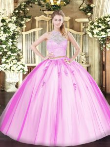 Smart Fuchsia Two Pieces Scoop Sleeveless Tulle Floor Length Zipper Lace and Appliques Quinceanera Dress