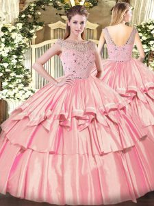 Rose Pink Bateau Neckline Beading and Ruffled Layers Vestidos de Quinceanera Sleeveless Zipper