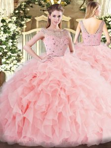 Baby Pink Sleeveless Tulle Zipper Ball Gown Prom Dress for Military Ball and Sweet 16 and Quinceanera