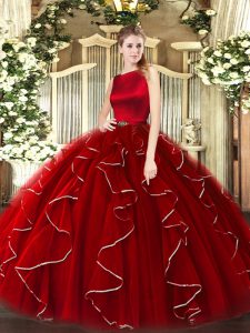 Gorgeous Wine Red Organza Clasp Handle Quince Ball Gowns Sleeveless Floor Length Ruffles