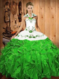 Green Quince Ball Gowns Military Ball and Sweet 16 and Quinceanera with Embroidery and Ruffles Halter Top Sleeveless Lace Up