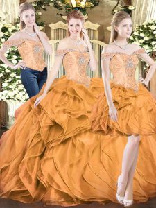 Orange Red Ball Gowns Beading and Ruffles Sweet 16 Quinceanera Dress Lace Up Organza Sleeveless Floor Length