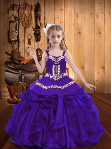 High Quality Purple Organza Lace Up Straps Sleeveless Floor Length Pageant Gowns For Girls Embroidery and Ruffles