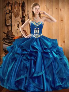Blue Ball Gowns Sweetheart Sleeveless Organza Floor Length Lace Up Embroidery and Ruffles 15th Birthday Dress