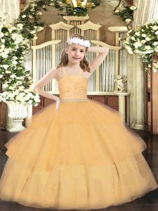 Orange Straps Zipper Beading and Lace and Ruffled Layers Pageant Dress for Teens Sleeveless