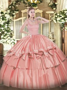 Floor Length Coral Red 15th Birthday Dress Taffeta Sleeveless Beading and Ruffled Layers