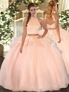Pretty Floor Length Peach Sweet 16 Dress Organza Sleeveless Beading