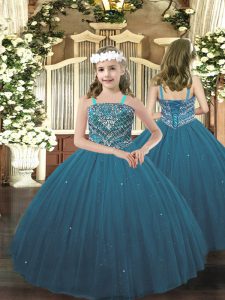 Teal Straps Neckline Beading Pageant Dress for Teens Sleeveless Lace Up