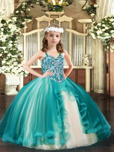 On Sale Teal Tulle Lace Up Straps Sleeveless Floor Length Kids Pageant Dress Beading