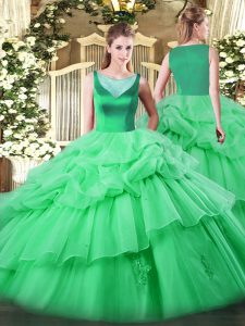 Latest Apple Green Ball Gowns Organza Scoop Sleeveless Beading and Appliques and Pick Ups Floor Length Side Zipper Sweet 16 Dress