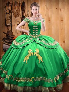 Charming Green Ball Gowns Off The Shoulder Sleeveless Satin and Organza Floor Length Lace Up Beading and Embroidery Sweet 16 Dress