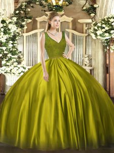 On Sale Olive Green Satin Backless Sweet 16 Dress Sleeveless Floor Length Beading and Lace