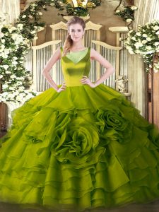 Organza Scoop Sleeveless Side Zipper Beading and Ruffled Layers Quinceanera Dress in Olive Green