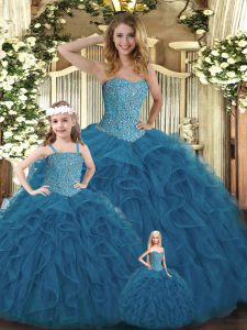 Custom Design Sweetheart Sleeveless Quince Ball Gowns Floor Length Beading and Ruffles Teal Organza
