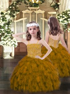 Low Price Brown Organza Lace Up Spaghetti Straps Sleeveless Floor Length Pageant Dress for Girls Beading and Ruffles