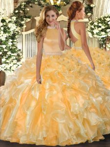 Halter Top Sleeveless Backless Quinceanera Gown Gold Organza