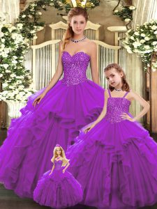 Dazzling Eggplant Purple Sleeveless Floor Length Beading and Ruffles Lace Up Ball Gown Prom Dress