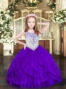 Custom Designed Tulle Sleeveless Floor Length Girls Pageant Dresses and Beading and Ruffles