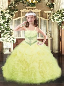 Latest Yellow Lace Up Straps Beading and Ruffles and Pick Ups Child Pageant Dress Organza Sleeveless