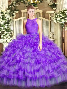 Noble Eggplant Purple Ball Gowns Scoop Sleeveless Organza Floor Length Zipper Ruffled Layers Quinceanera Dresses