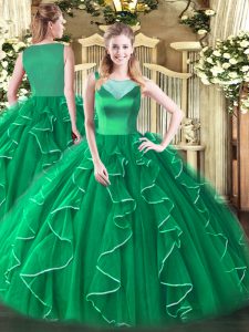 Sexy Turquoise Tulle Side Zipper Quinceanera Dress Sleeveless Floor Length Beading and Ruffles