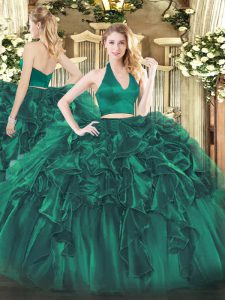 Super Dark Green Organza Zipper Halter Top Sleeveless Floor Length Sweet 16 Dress Ruffles