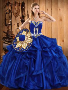 Deluxe Floor Length Royal Blue Quinceanera Dress Organza Sleeveless Embroidery and Ruffles