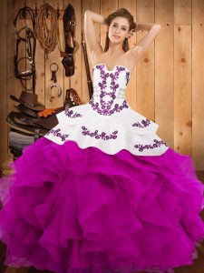 Romantic Fuchsia Lace Up Strapless Embroidery and Ruffles Ball Gown Prom Dress Satin and Organza Sleeveless