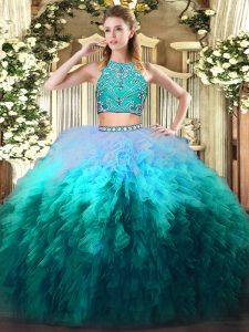 Multi-color Sleeveless Floor Length Beading and Ruffles Zipper Quinceanera Dress