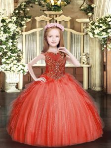 Enchanting Red Tulle Zipper Pageant Dress Sleeveless Floor Length Beading and Ruffles