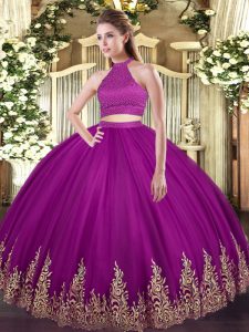 Ball Gowns Sweet 16 Dress Fuchsia Halter Top Tulle Sleeveless Floor Length Backless