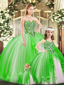 Fine Sleeveless Tulle Floor Length Lace Up 15th Birthday Dress in Green with Beading