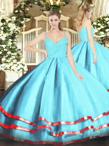 Fantastic Spaghetti Straps Sleeveless Zipper Vestidos de Quinceanera Aqua Blue Organza