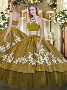 Affordable Olive Green High-neck Neckline Beading and Appliques Quinceanera Gown Sleeveless Backless