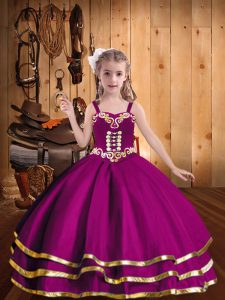 Fuchsia Ball Gowns Beading and Ruffled Layers Pageant Dresses Lace Up Organza Sleeveless Floor Length