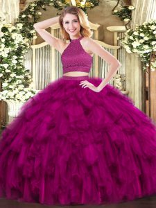 Fuchsia Ball Gowns Halter Top Sleeveless Organza Floor Length Backless Beading and Ruffles Sweet 16 Dresses