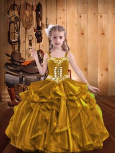 Sleeveless Floor Length Embroidery and Ruffles Lace Up Pageant Dress with Gold