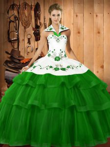 Ideal Sleeveless Organza Sweep Train Lace Up Quince Ball Gowns in Green with Embroidery and Ruffled Layers